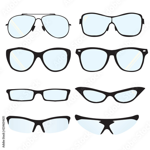 A set of glasses isolated. Vector glasses model icons. Sunglasses, glasses, isolated on white background. Silhouettes.