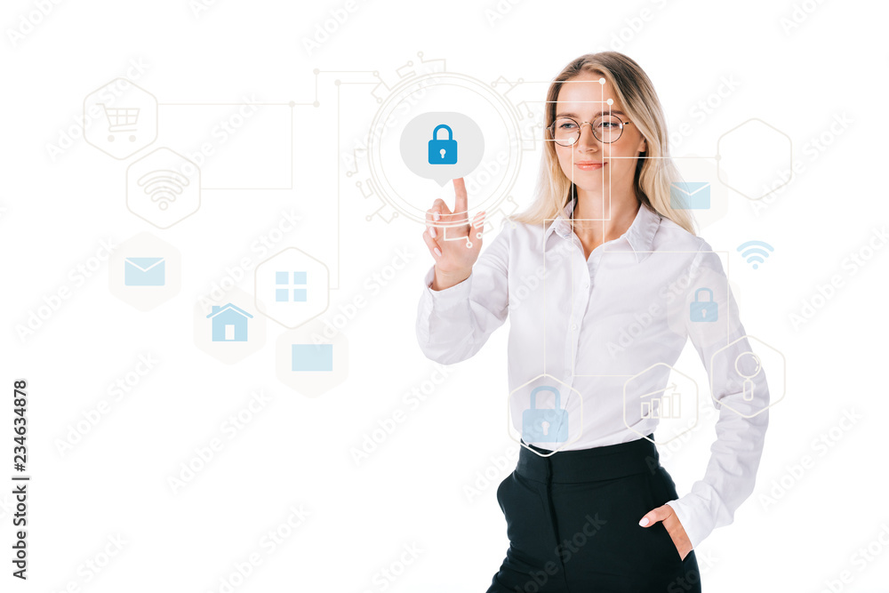 portrait of smiling businesswoman in formal wear pointing at cyber security sign isolated on white portrait of smiling businesswoman in formal wear pointing at cyber security sign isolated on white