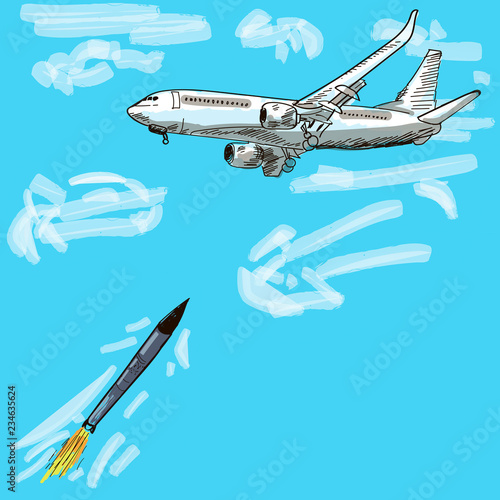 Vector illustration of a rocket flying and shooting down a plane.