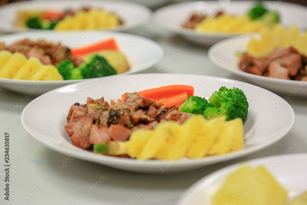 Steak pork sliced cube with vegetables such as tomatoes, carrot, broccoli and pineapple. Steak pork sliced cube with vegetables such as tomatoes, carrot, broccoli and pineapple.