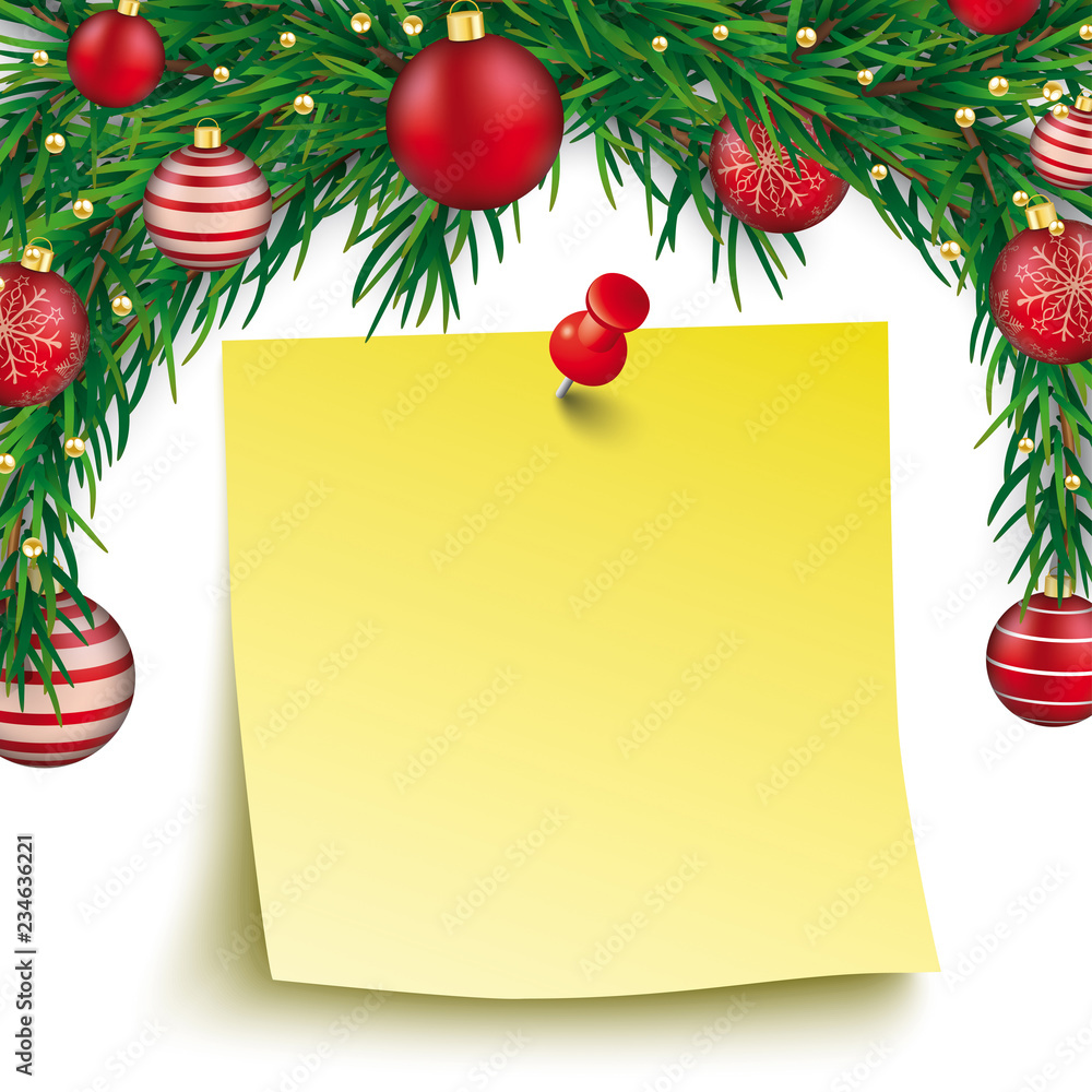 Obraz premium Gelber Klebezettel unter den weihnachtlich geschmückten Tannenzweigen