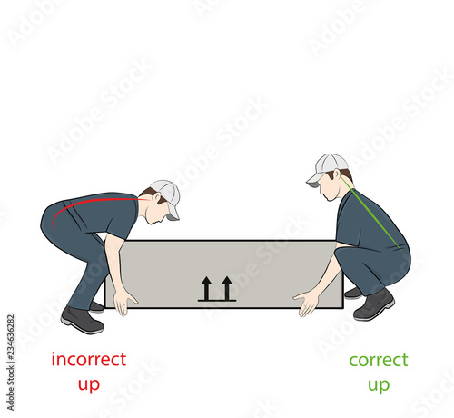 Correct posture to lift a heavy object safely. Illustration of health care. vector illustration