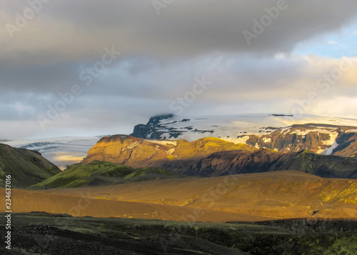 Epic sunset with and Myrdalsjokull landscape, Katla caldera, Botnar-Ermstur, Laugavegur Trail, southern Iceland photo