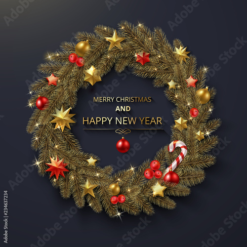 Merry Christmas and Happy New Year greeting card with Christmas wreath.