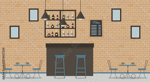 Interior of loft style cafe or bar. Bar counter, tables, different chairs and shelves with alcohol bottles. Blackboard with menu and paintings. Vector flat illustration