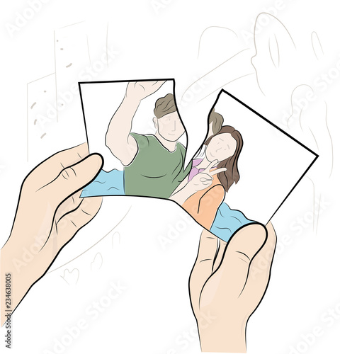 man rips photo. the end of the relationship. memories. vector illustration.