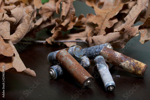 Fototapeta Naklejka Na Ścianę i Meble -  Spent batteries, coated with corrosion. Different shapes and sizes. They lie on a dark background among the dead autumn leaves. Environmental protection, recycling.