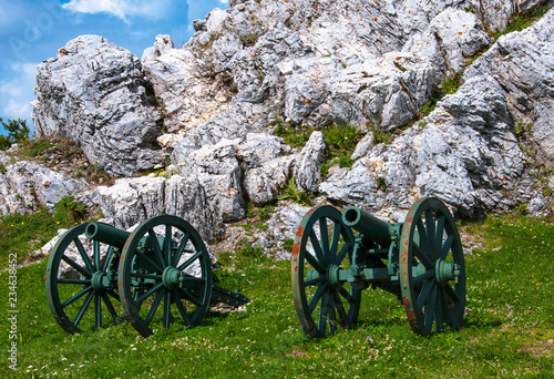 guns standing next to a large stone on a green hill