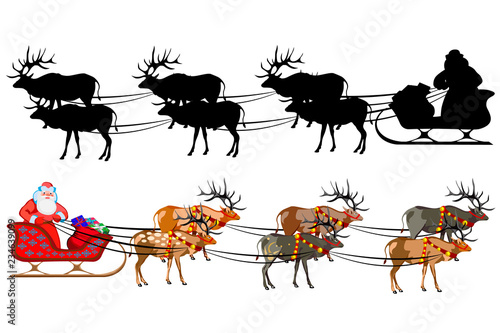 Santa Claus on a sleigh with reindeer, with a handful of gifts. Silhouette of santa claus.
