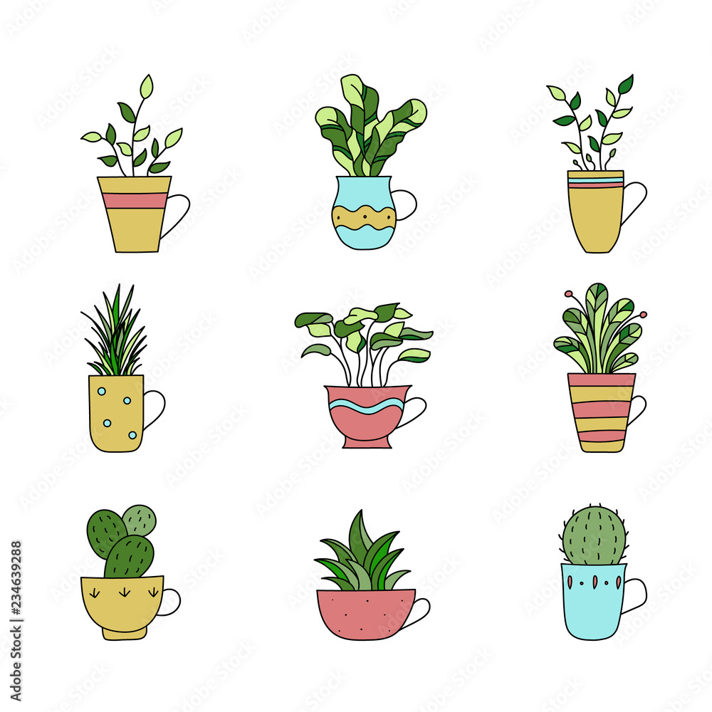Set of hand drawn plants in cup. Cartoon hand drawning plants. Vector illustration in sketch doodle cute style. Colored icons Set of hand drawn plants in cup. Cartoon hand drawning plants. Vector illustration in sketch doodle cute style. Colored icons