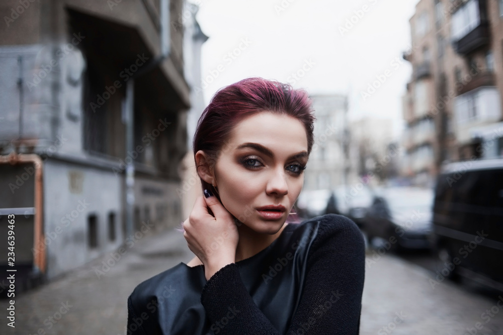 Portrait of girl outside with violet hair