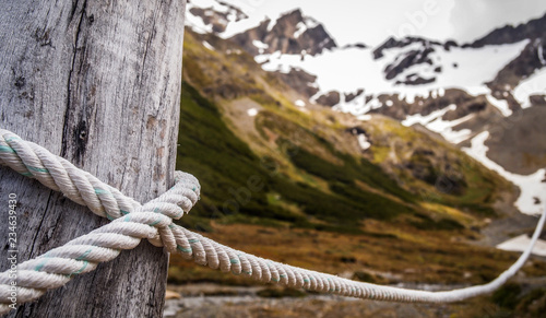 Rope fence in Andes Mountains in Patagonia near Ushuaia, Argentina, South America