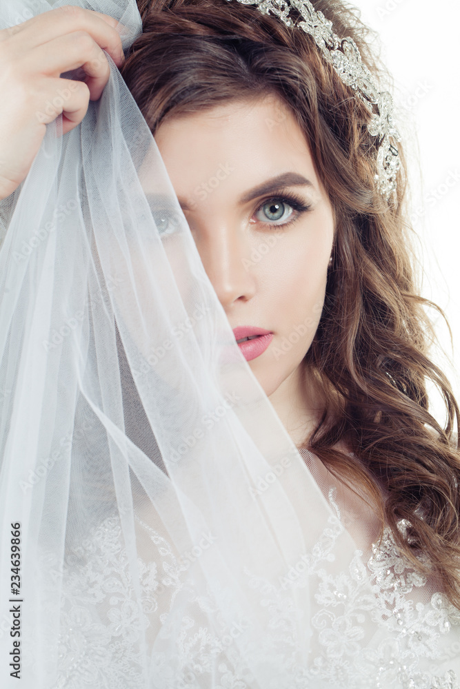 Cute bride woman in veil, face closeup female portrait Cute bride woman in veil, face closeup female portrait