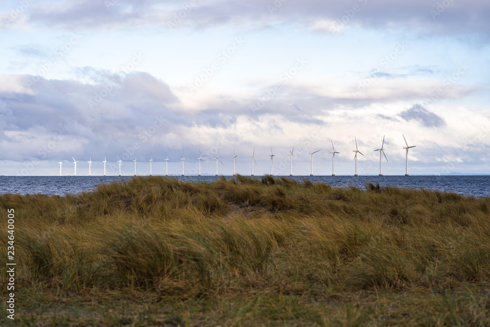 wind turbine out in water at amager beach in denmark, with grass in the fourground