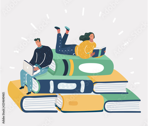 Small character reading on huge book piled up.