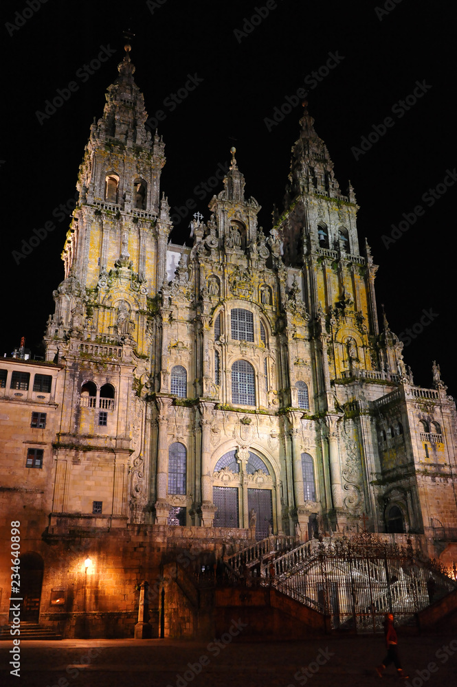 Cathedral of Santiago de Compostela at night. Way of St. James (Camino de Santiago), Spain