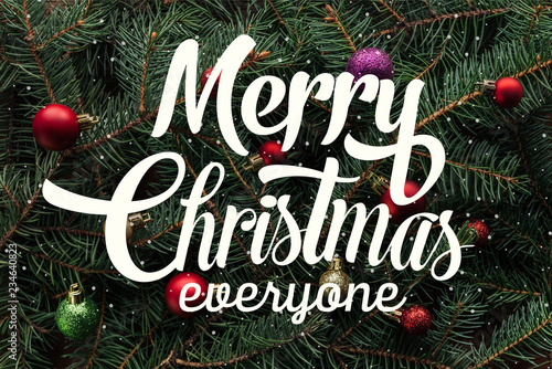 Photography full frame of colorful christmas toys on green pine tree branches with merry ch