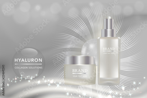 Beauty product, white cosmetic containers with advertising background ready to use, hyaluronic acid solution skin care ad, vector illustration.