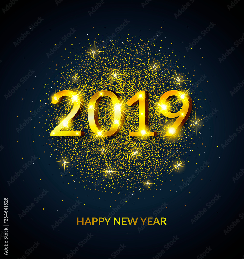 Happy New Year 2019 greeting card, black and gold poster, banner, invitation, calendar cover design template with 3d golden 2019 number. Vector illustration. EPS10 Happy New Year 2019 greeting card, black and gold poster, banner, invitation, calendar cover design template with 3d golden 2019 number. Vector illustration. EPS10