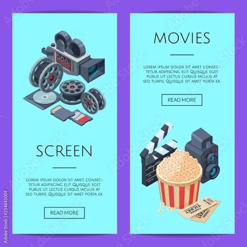 Vector cinematograph isometric elements web banner and poster templates illustration