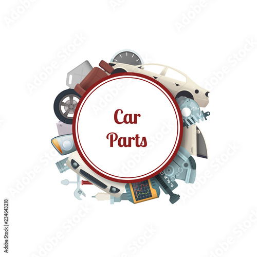 Vector car parts under circle with place for text illustration isolated on white