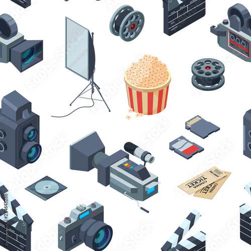 Vector cinematograph 3d isometric elements of set pattern or background illustration