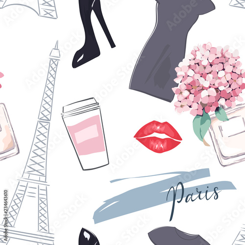 Fashion print. Hand drawn sketch seamless pattern. Vector illustration