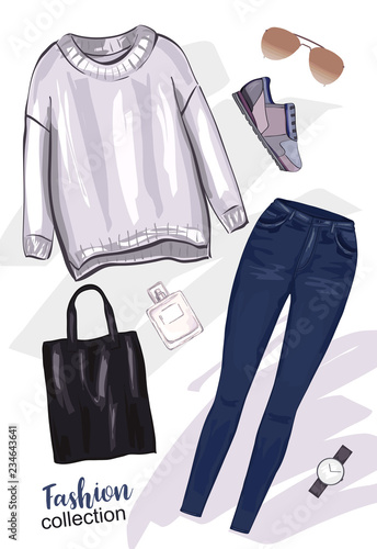 Fashion outfit casual set. Glamour autumn print. Sweater, bag, shoes, jeans, ...