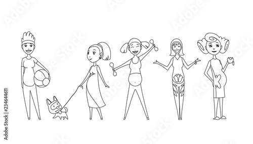 Pregnant women set coloring book. Many views of pregnant. Smile happy, walking with dog, eating apple, exercise. Vector illustrations isolated.