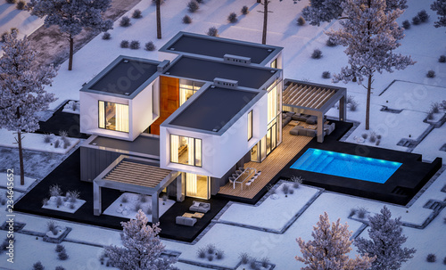 3d rendering of modern cozy house with garage and garden. Cool winter night with cozy warm light from windows. For sale or rent with beautiful white spruce on background © korisbo