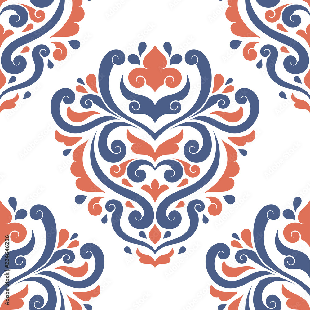 Blue and orange ornamental seamless pattern. Vintage vector, paisley elements. Ornament. Traditional, Turkish, Indian motifs. Great for fabric and textile, wallpaper, packaging or any desired idea.