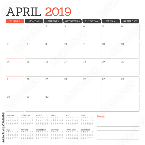 April 2019 desk calendar vector illustration