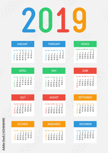 Vector 2019 new year calendar. Bright contrast design. The week starts on Sunday.