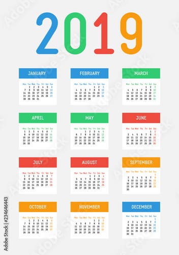 Vector 2019 new year calendar. Bright contrast design. The week starts on Monday.