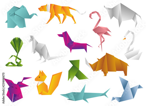 Animals origami set japanese folded modern wildlife hobby symbol creative decoration vector illustration.