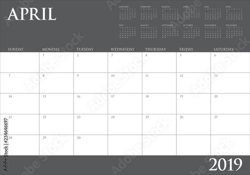 April 2019 desk calendar vector illustration