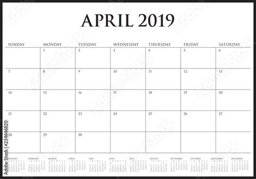 April 2019 desk calendar vector illustration