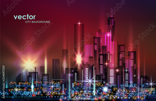 City Skyline Night cityscape with illuminated buildings and road, illustration with architecture, skyscrapers, megapolis, buildings, downtown.