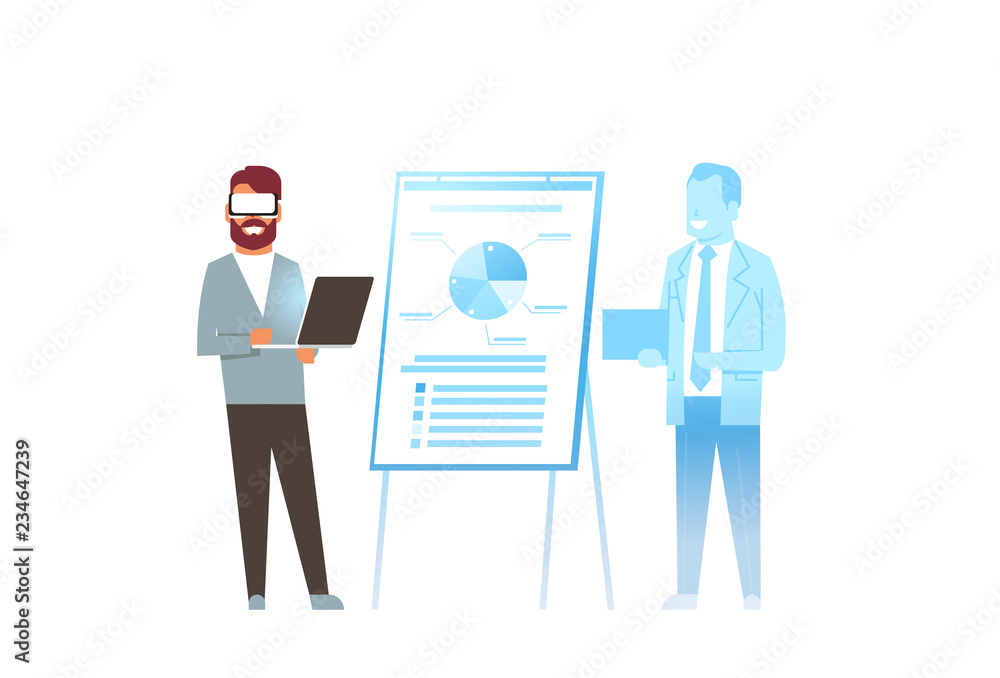 businessman wear digital glasses virtual reality man flip chart financial presentation business report vr vision headset concept flat horizontal businessman wear digital glasses virtual reality man flip chart financial presentation business report vr vision headset concept flat horizontal