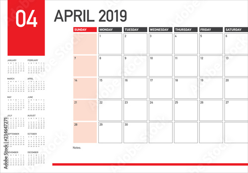 April 2019 desk calendar vector illustration