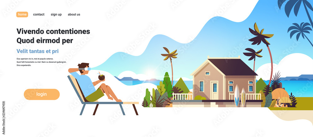 young man wear digital glasses sitting sun lounger virtual reality vision villa house tropical beach summer vacation concept flat copy space