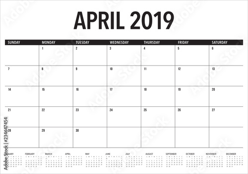 April 2019 desk calendar vector illustration