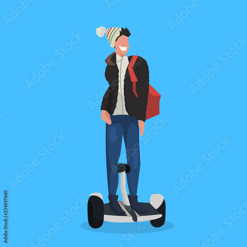 man ride electric scooter modern personal transport concept male cartoon character full length flat