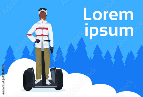 african american man ride electric scooter winter vacation activity fir tree forest landscape male cartoon character full length flat horizontal copy space