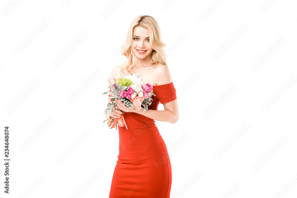 Beautiful woman in red dress holding flowers isolated on white