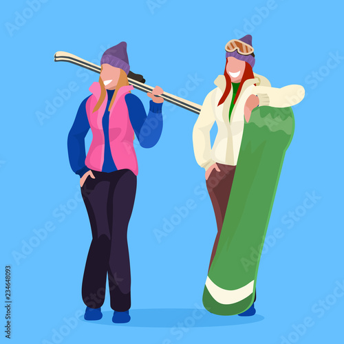 women skier snowboarder holding equipment happy girls winter vacation activity concept female cartoon character full length flat