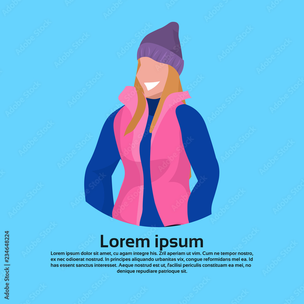 happy woman wearing winter clothes female cartoon character portrait copy space flat happy woman wearing winter clothes female cartoon character portrait copy space flat