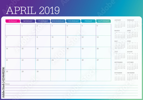 April 2019 desk calendar vector illustration