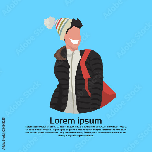 happy man with backpack wearing winter clothes male cartoon character portrait copy space flat