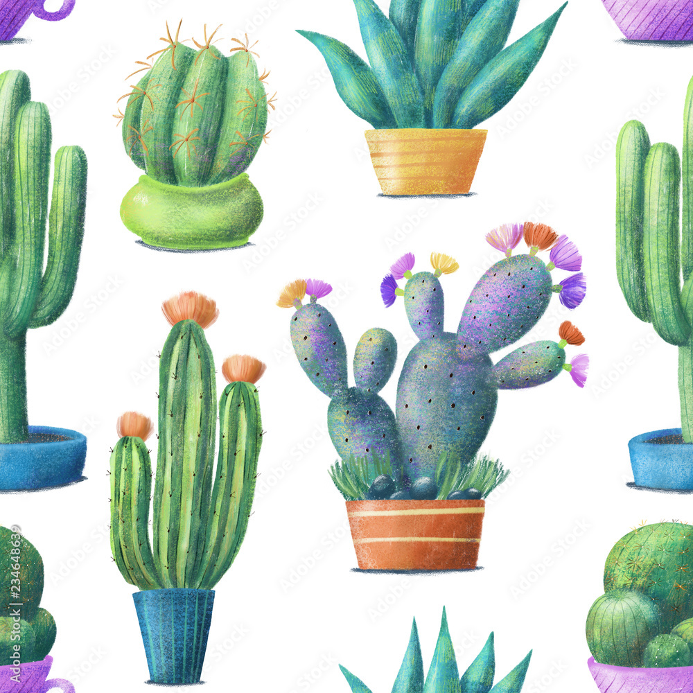 Seamless pattern with cute colorful cacti, tall, round, prickly pear, agave, houseplants in pots, hand drawn illustration on white background. Cute cacti in pots, seamless pattern on white background Seamless pattern with cute colorful cacti, tall, round, prickly pear, agave, houseplants in pots, hand drawn illustration on white background. Cute cacti in pots, seamless pattern on white background